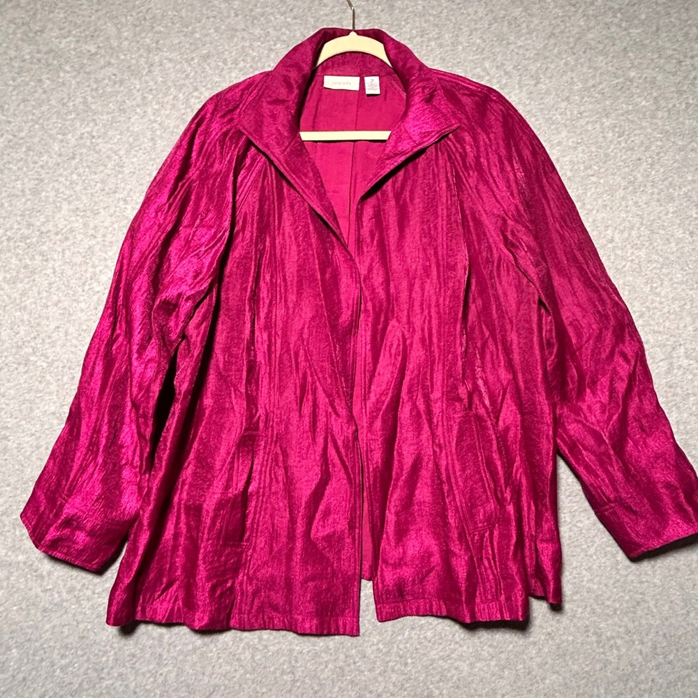 Chico's Jacket Women 2 Magenta Pink Crinkle Metallic Open Front Barbiecore
